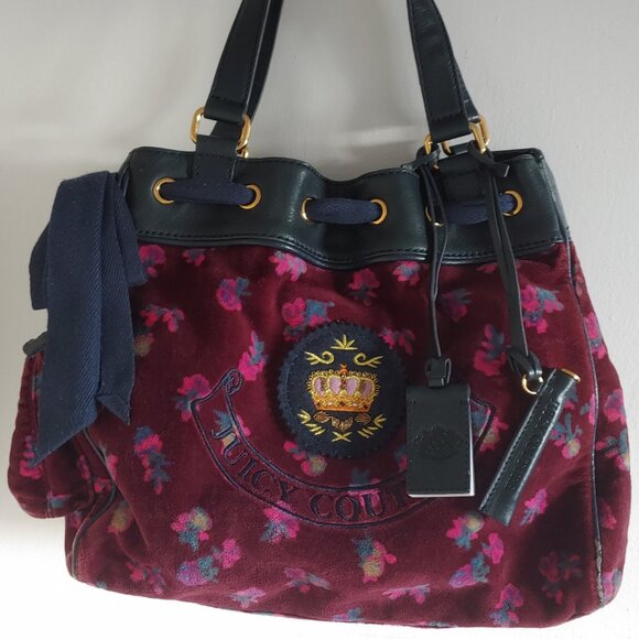 Vintage Juicy Couture Red Burgundy Blue Floral Daydreamer Bag Purse Tote Y2K - Picture 1 of 12